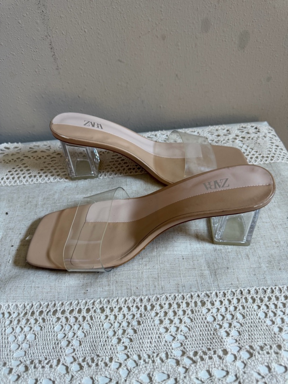 Zara Nude Clear Strap Block Heel Mules Size 40